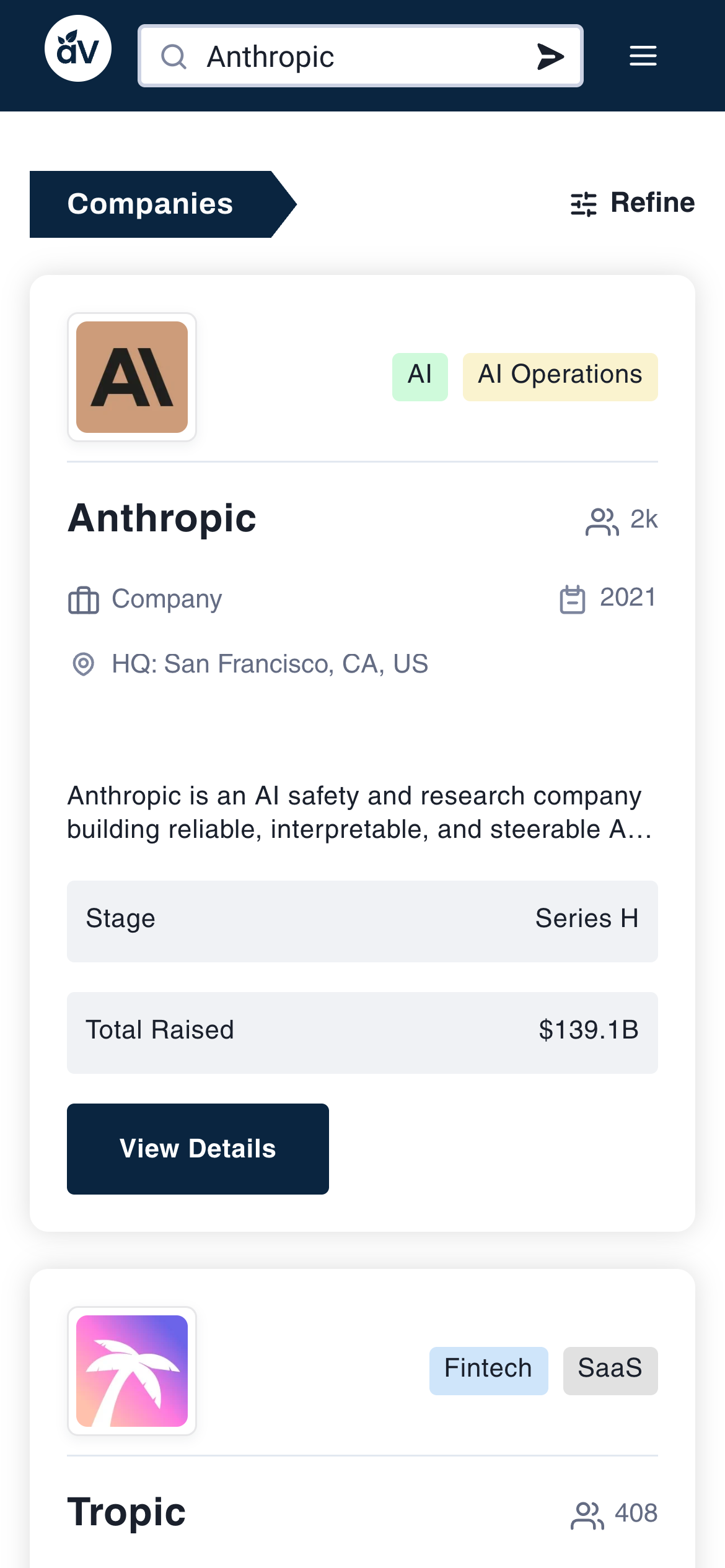 Company search on the iPhone app