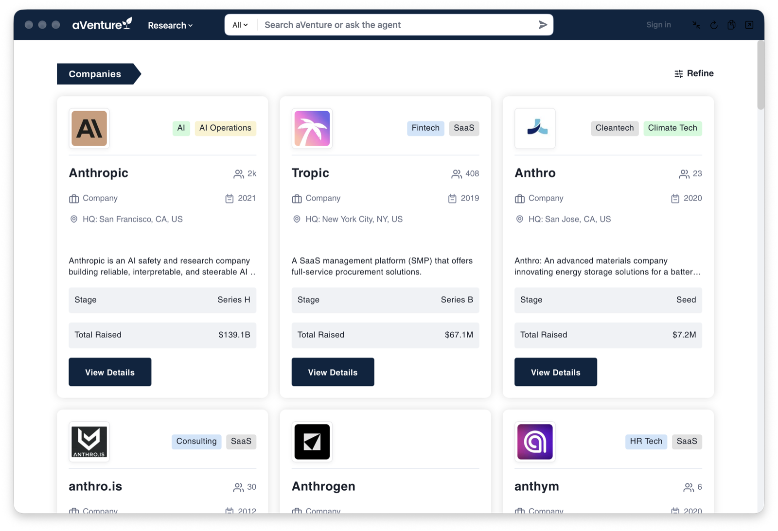 Company search results in the macOS app