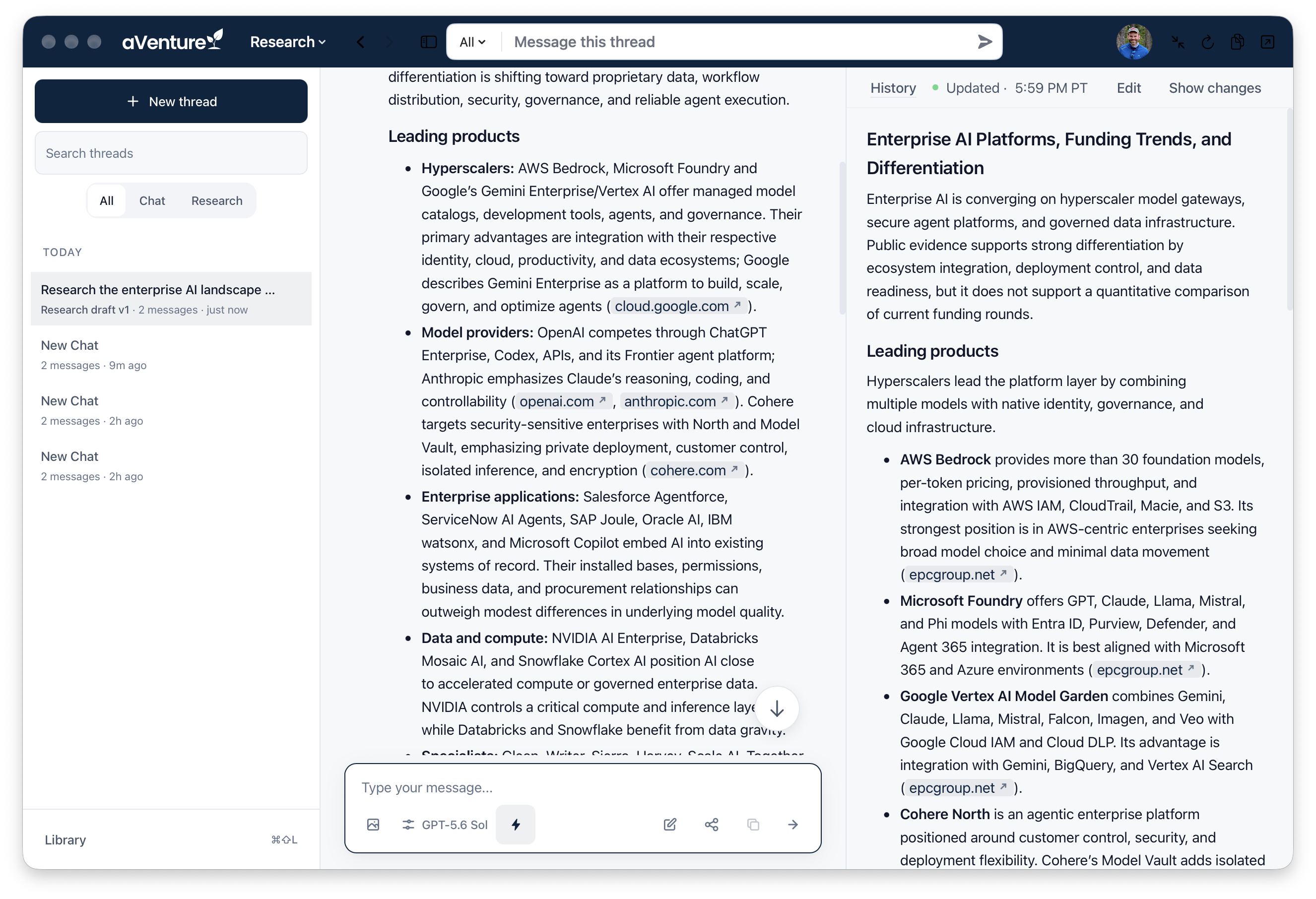 The research agent's cited draft answer in the macOS app