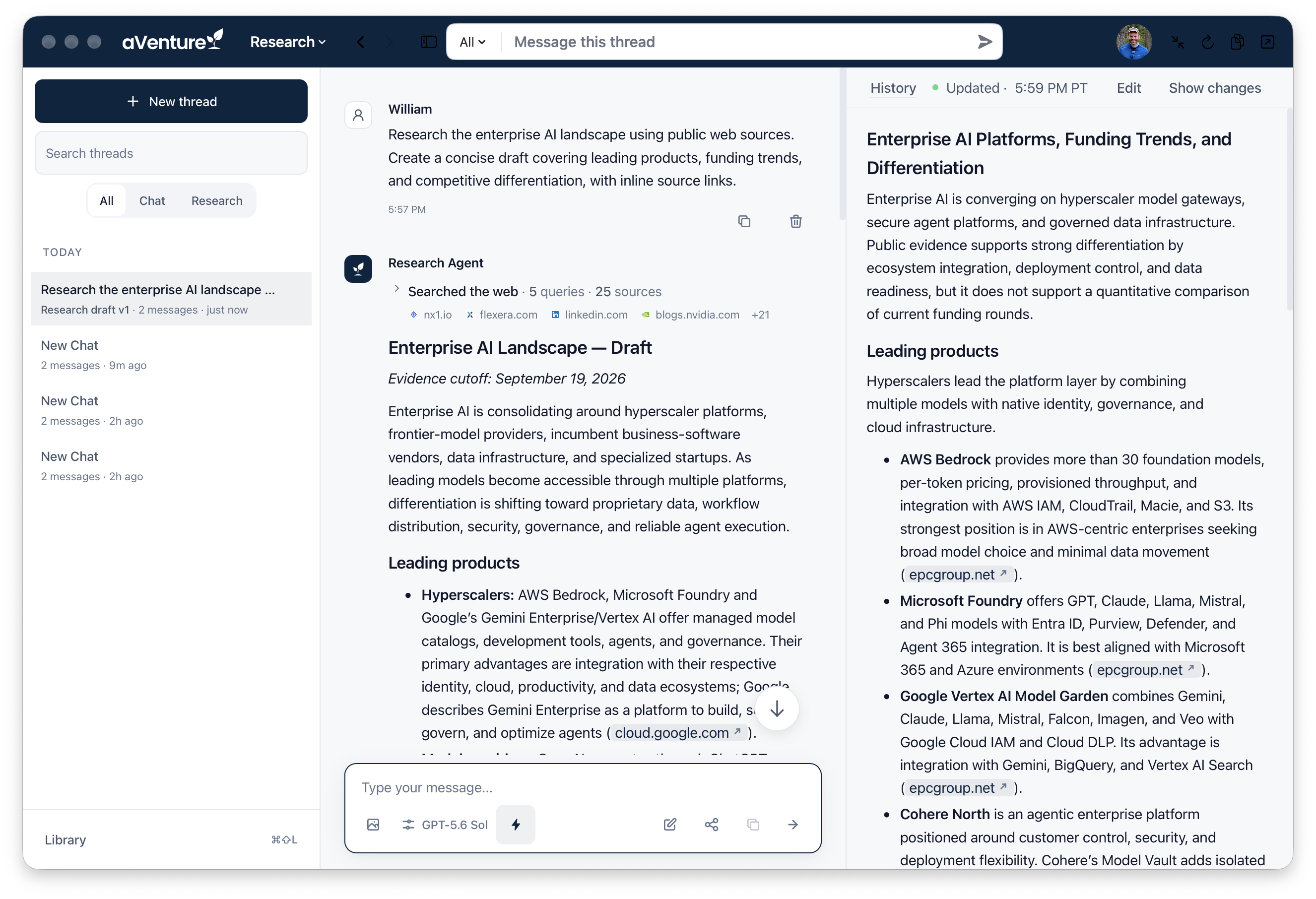 A research agent run in progress in the macOS app