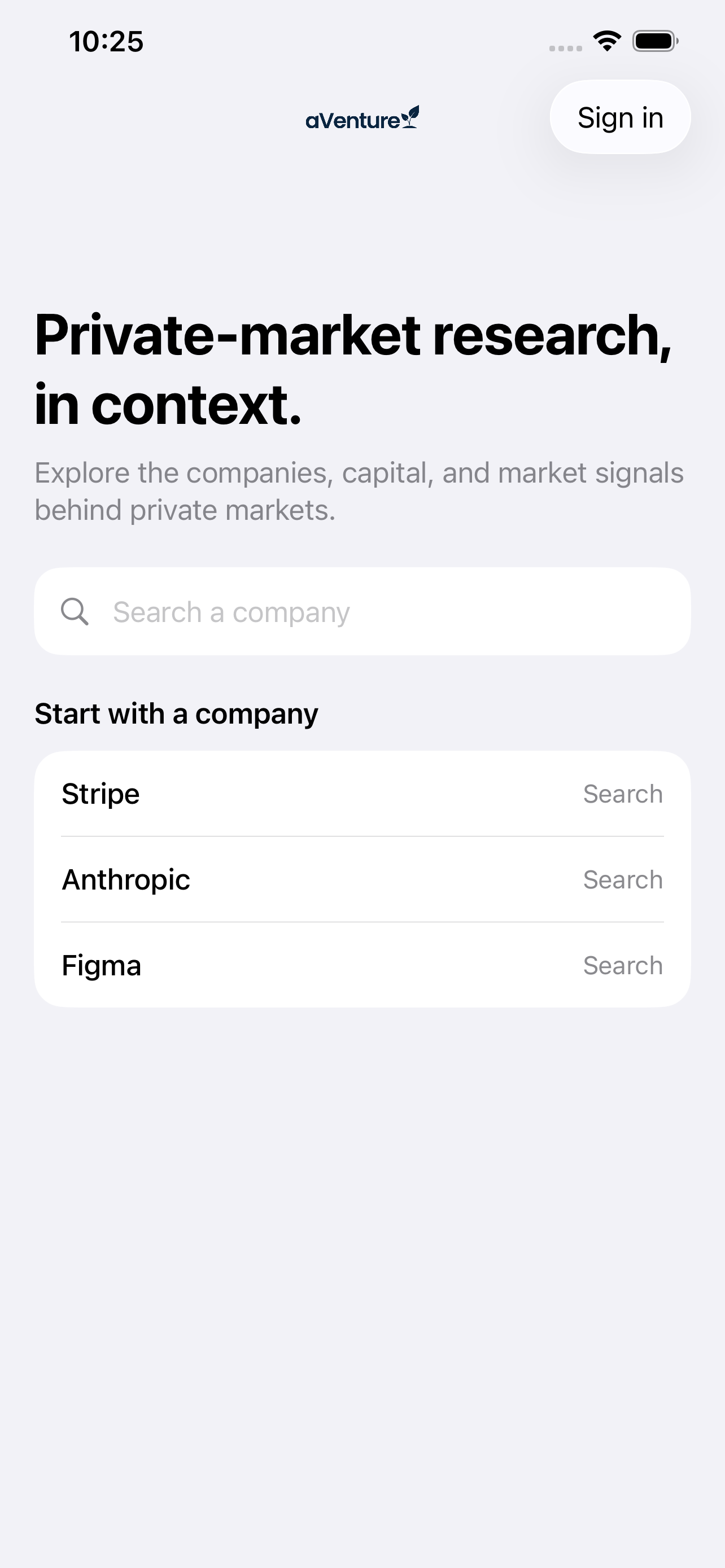 aVenture Research iPhone app home screen