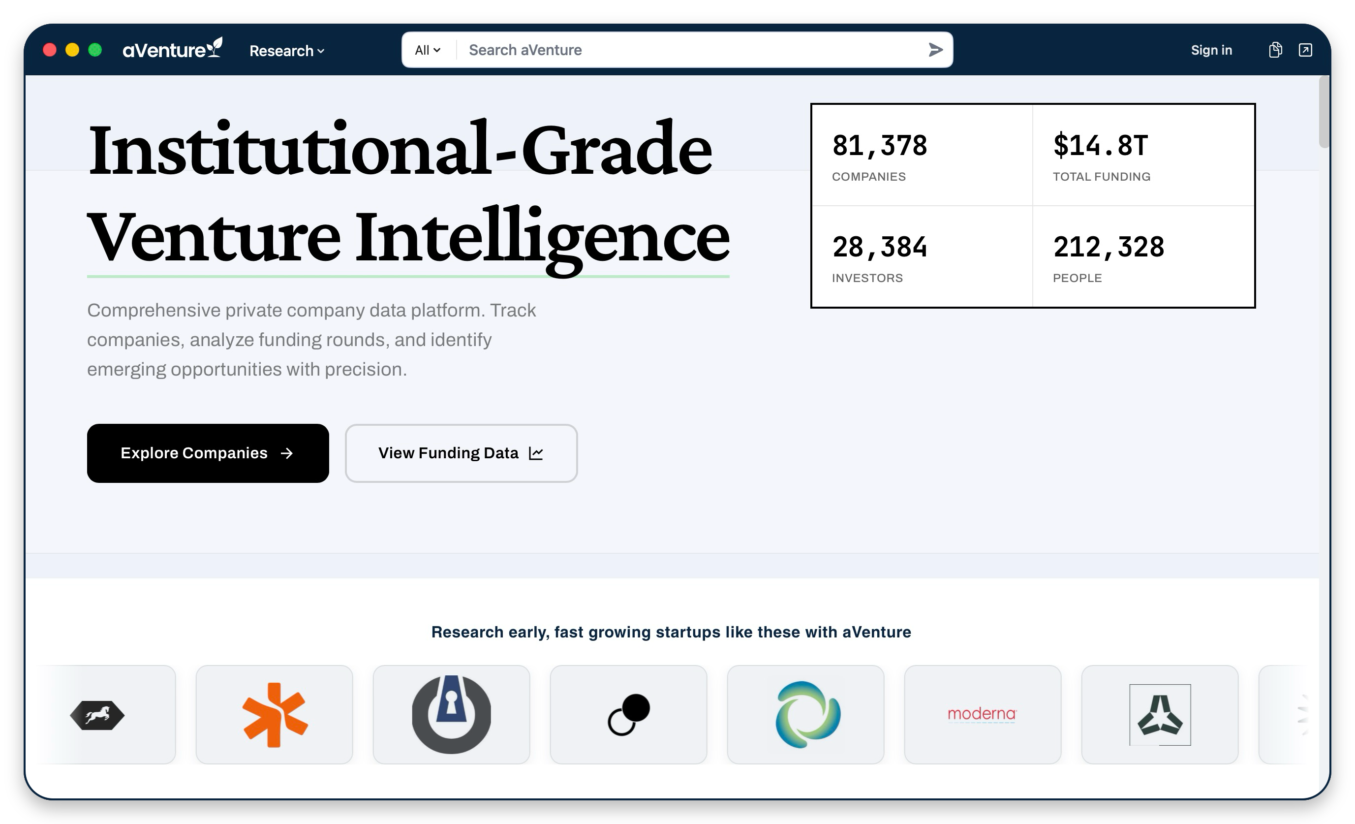 The aVenture Research macOS app home window with search and platform totals