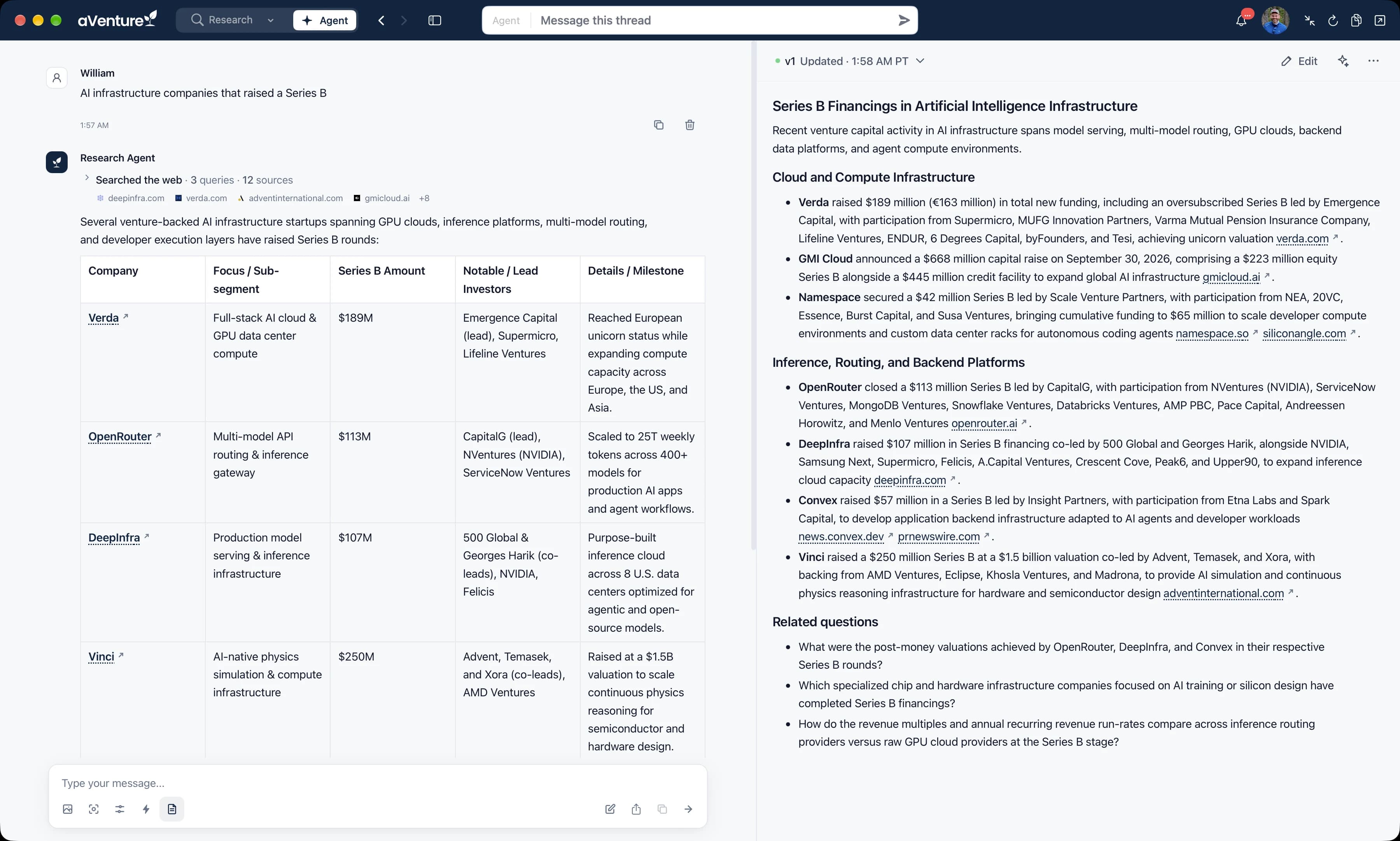The aVenture Mac app's research agent answering 'AI infrastructure companies that raised a Series B' with a sourced table of companies, round sizes, and lead investors beside an editable report draft