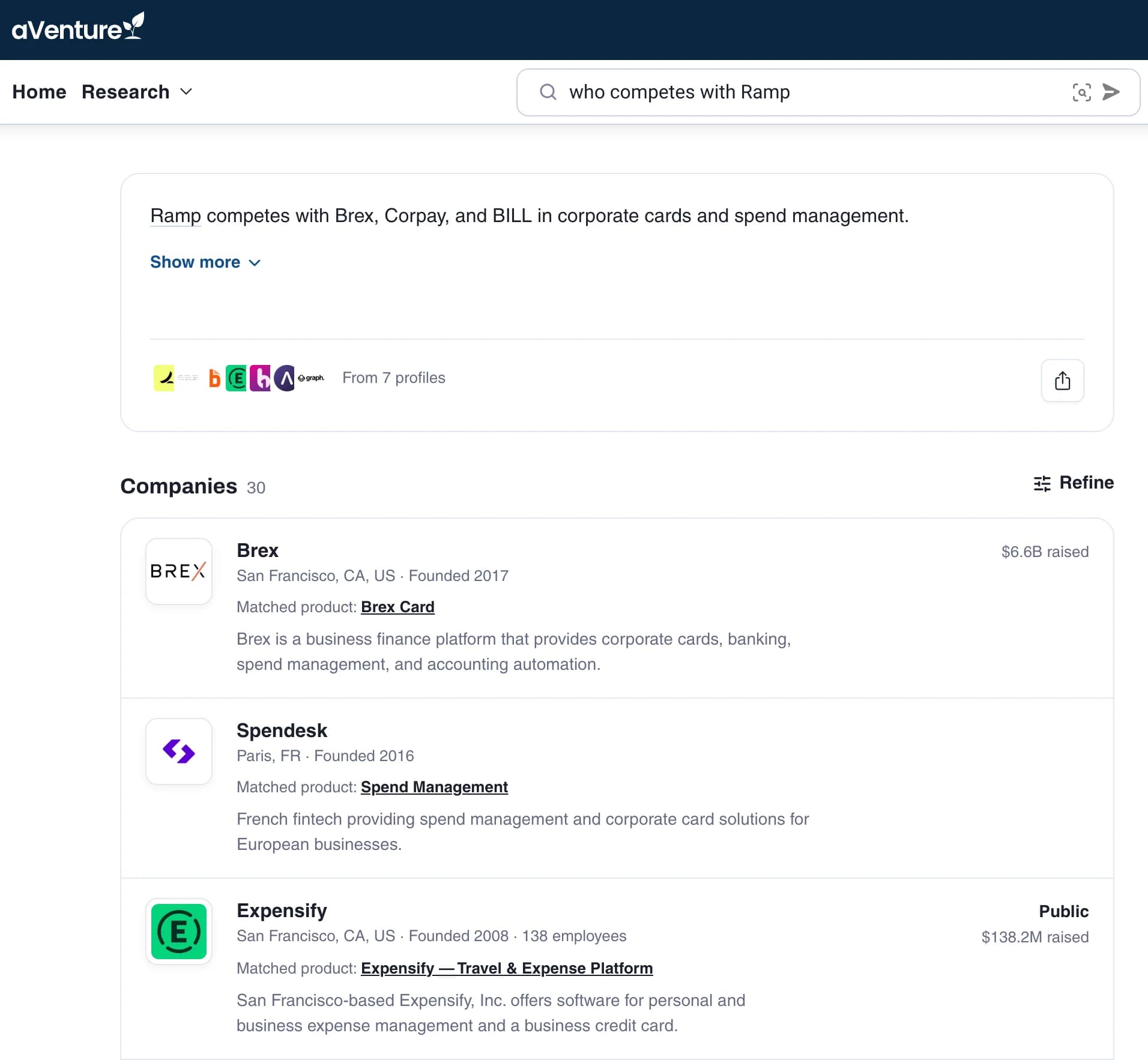 aVenture search answering 'who competes with Ramp' with Brex, Spendesk, and Expensify, each listed with the product matched against Ramp's