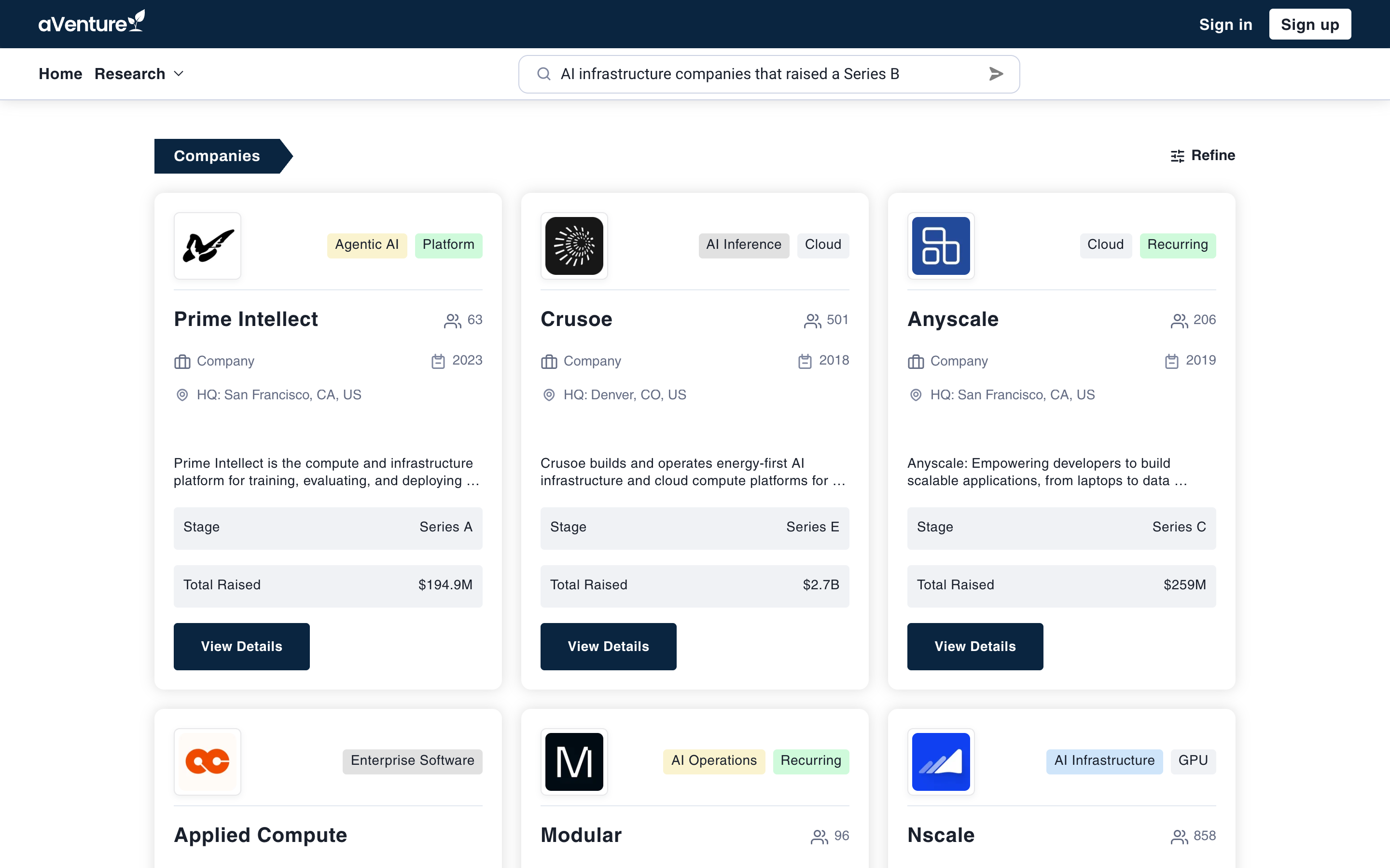 aVenture search results for the plain-English query 'AI infrastructure companies that raised a Series B', showing company cards and a Refine link