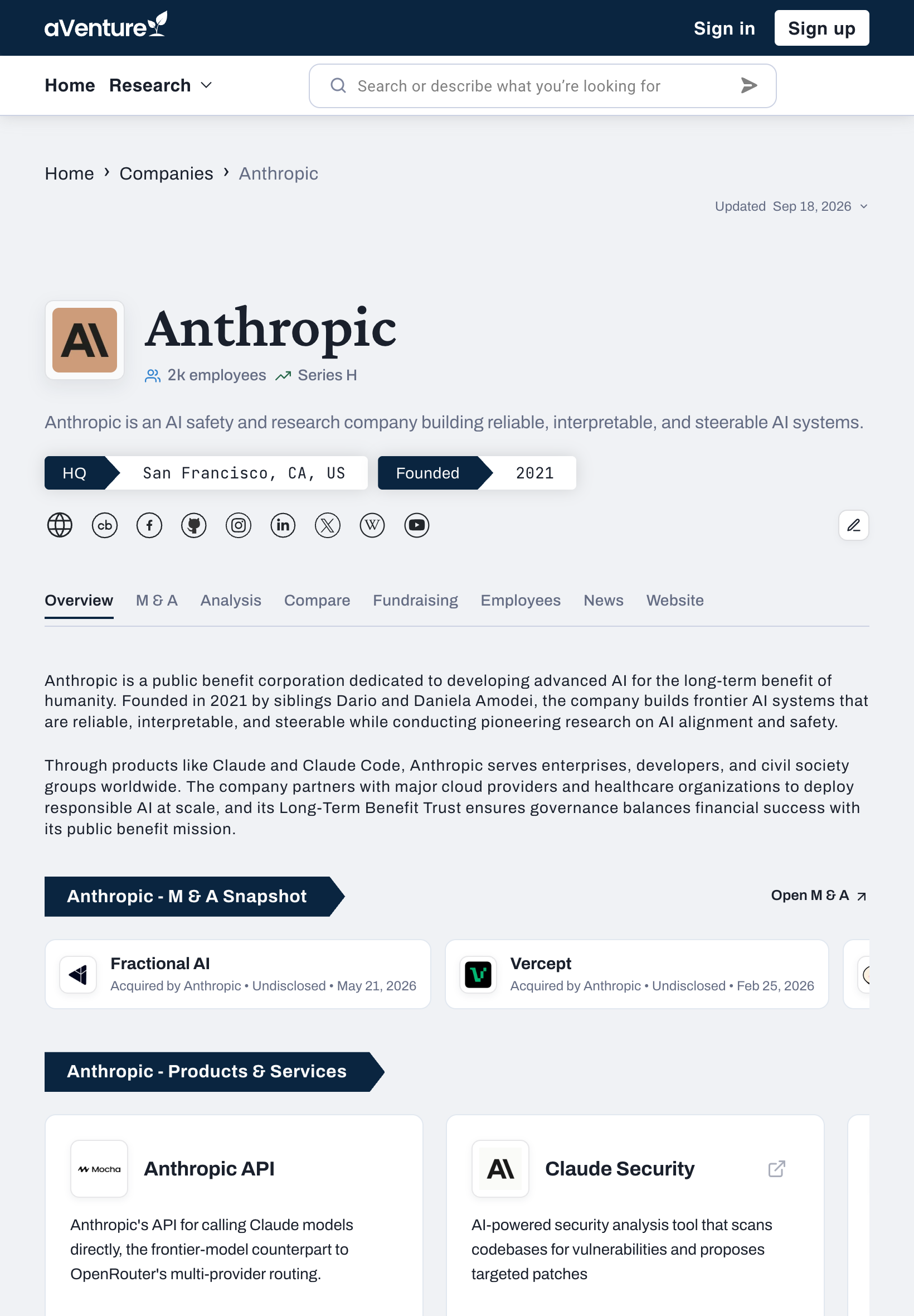 An aVenture company profile at iPad width, showing the company summary, funding stage, headquarters, founding year, and profile tabs