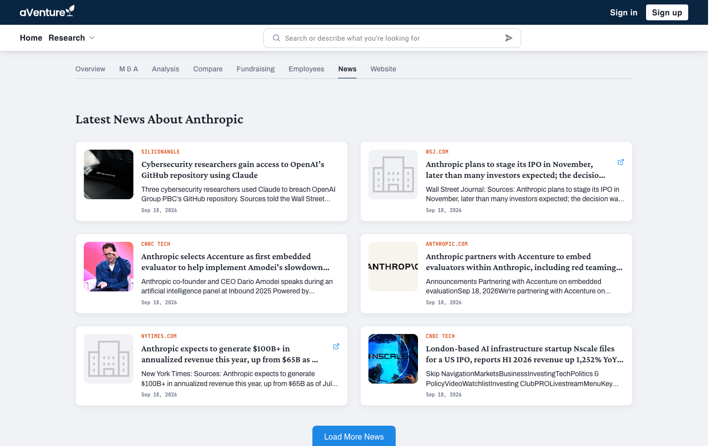 aVenture News tab for Anthropic, with dated article cards from WSJ, CNBC, the New York Times, and SiliconANGLE