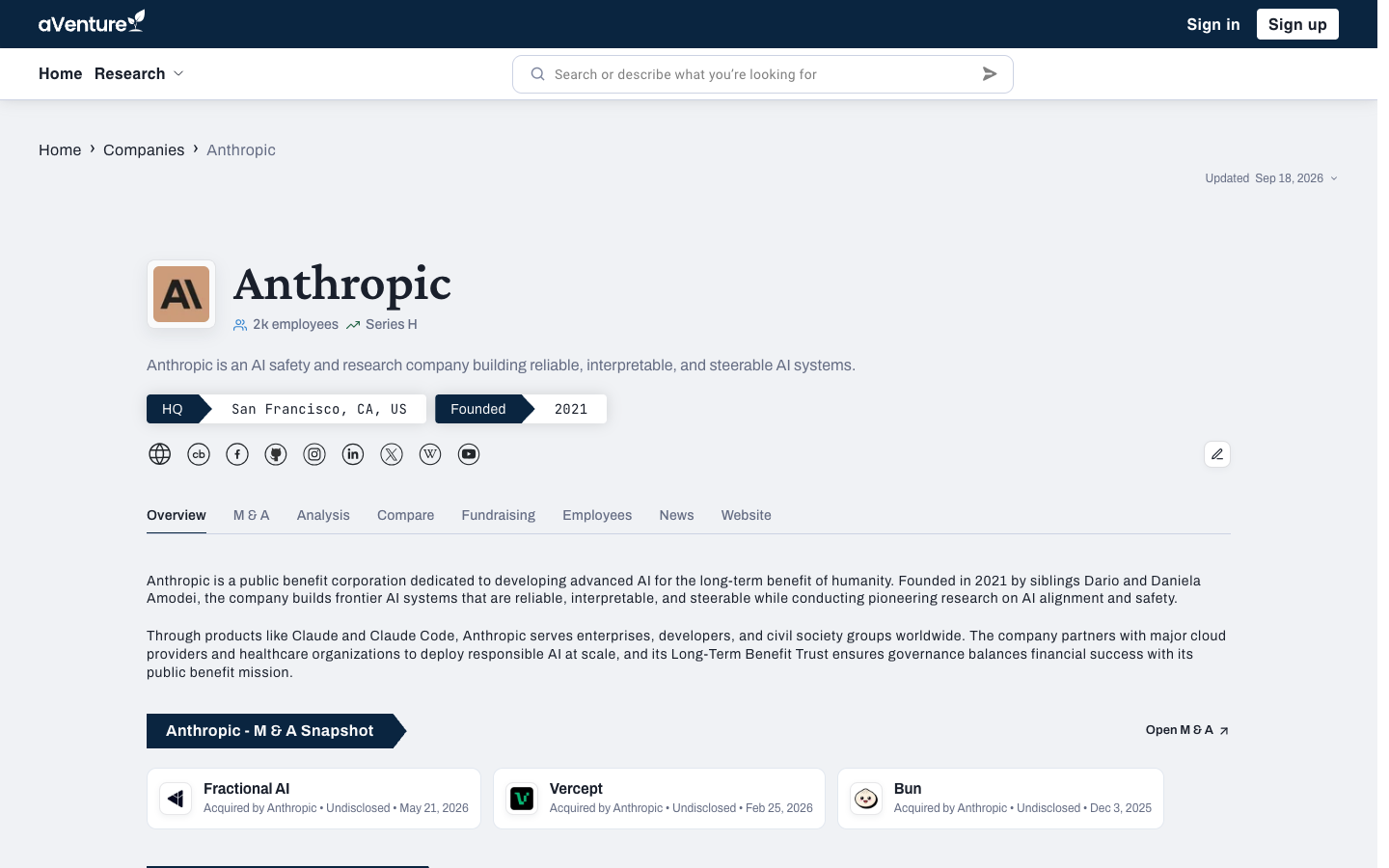 An Anthropic company profile on aVenture: header with stage and HQ chips, tab navigation, and an M&A snapshot