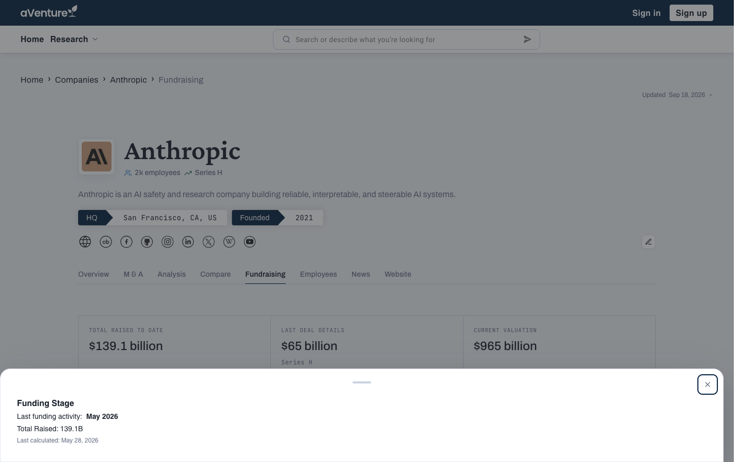 The Funding Stage provenance drawer on aVenture: last funding activity, total raised, and last-calculated date
