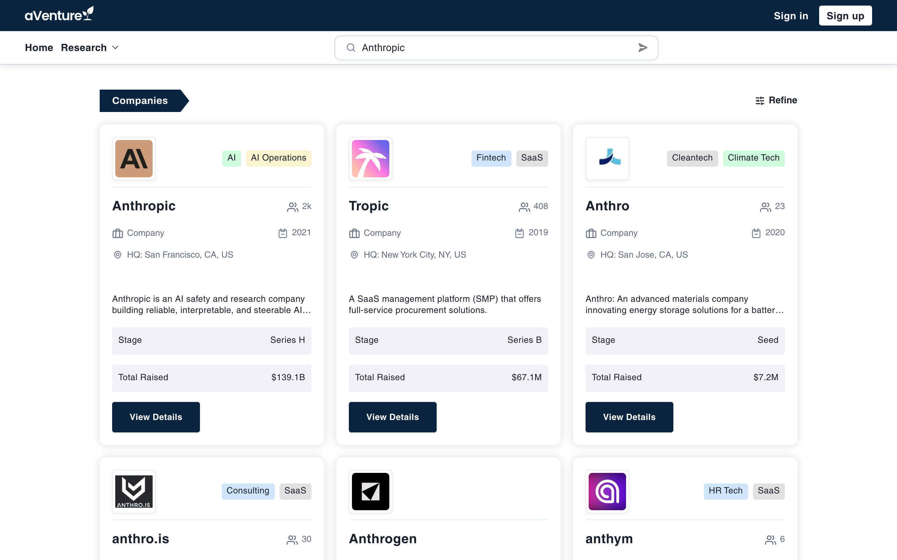 aVenture search results for Anthropic with the Companies section leading: the Anthropic card first, showing logo, sector tags, headquarters, founding year, funding stage, and total raised, near matches beside it