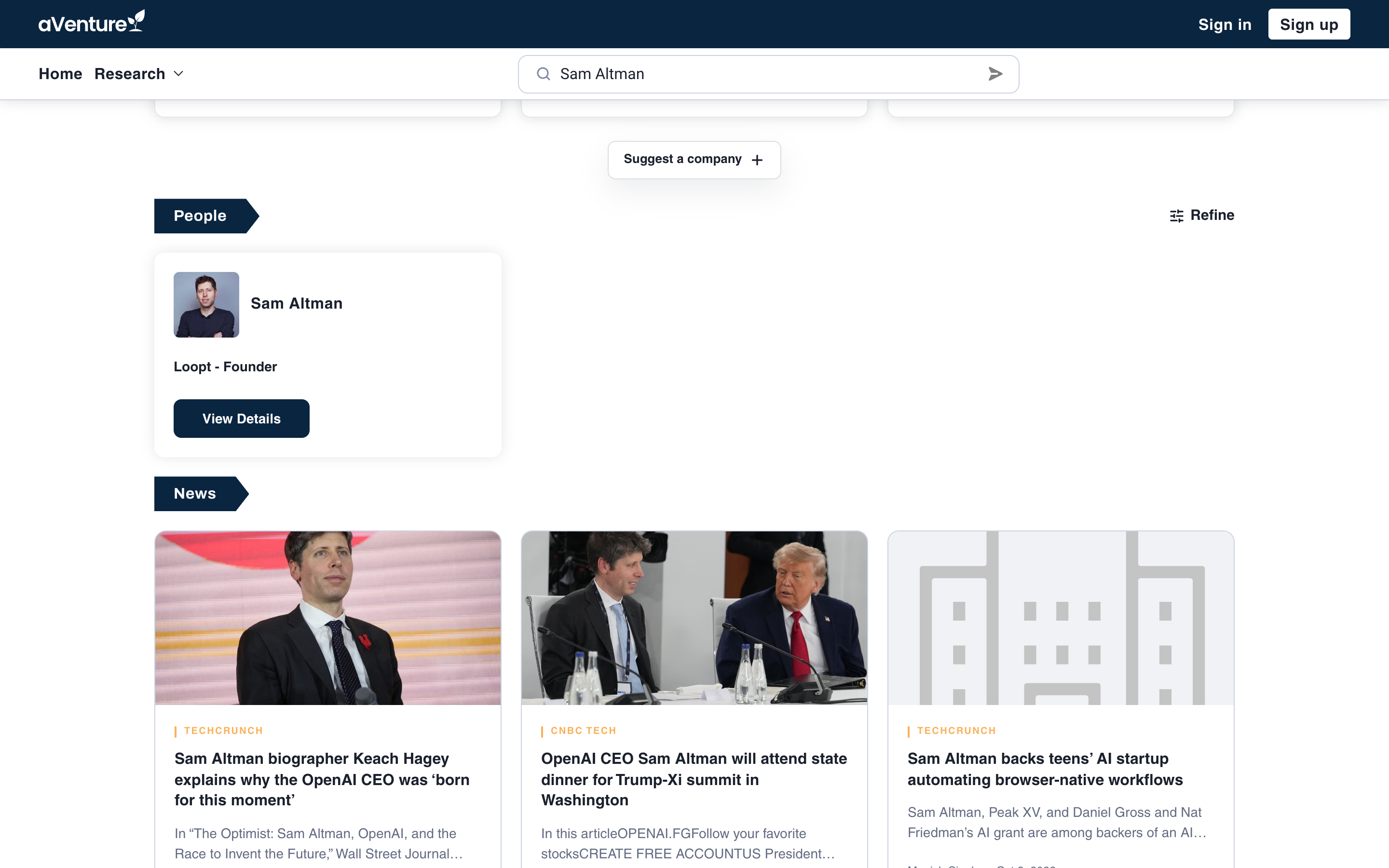 aVenture search results for a person name, with the People section showing profile cards above the News section of dated article cards