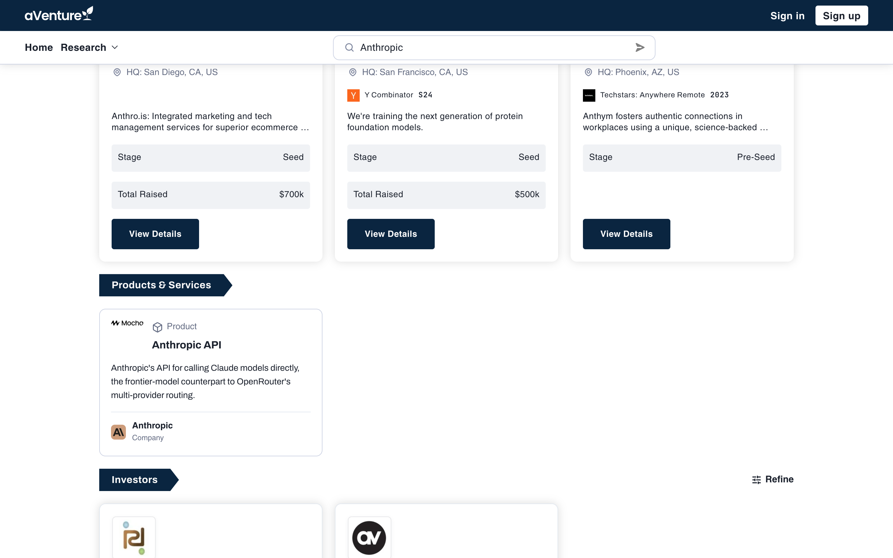 The Products & Services section of the same Anthropic search, with cards badged Product or Service, each showing a short description and its provider company