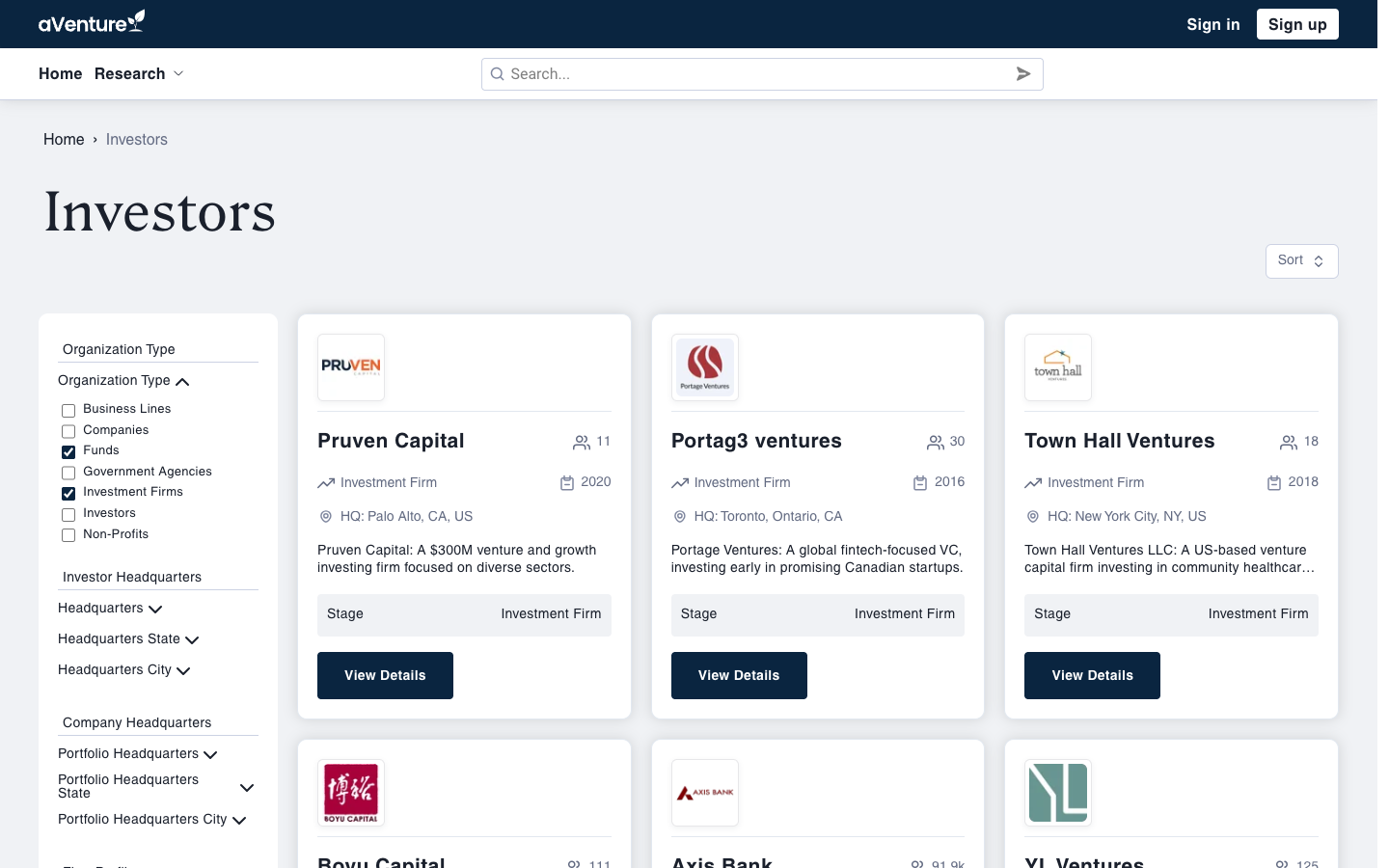 aVenture's investors directory with organization-type facet filters and investor cards showing HQ and founding year