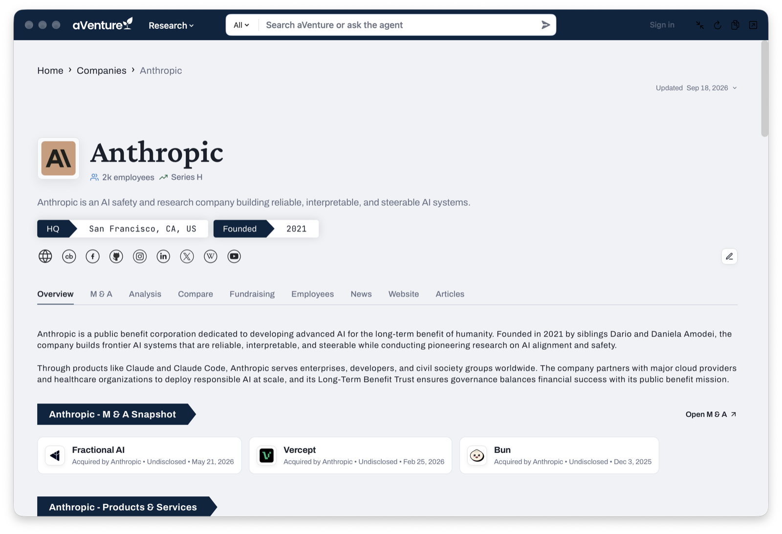 The Anthropic company profile in the aVenture macOS app: header, tabs, overview text, and M&A snapshot
