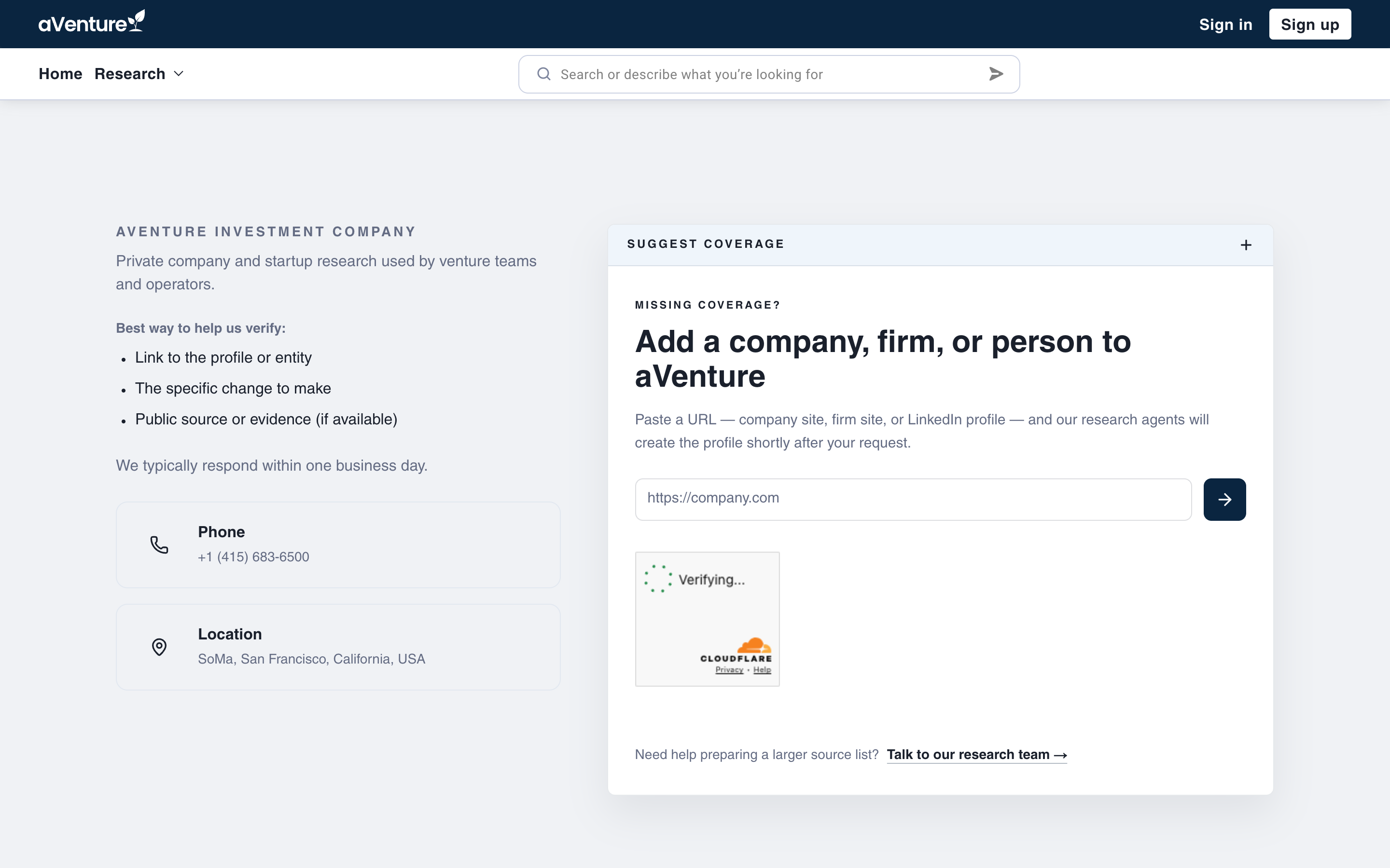 The Add a Company form page on aVenture, with a single company URL field, a blue submit arrow, and a left column listing what to include with a request