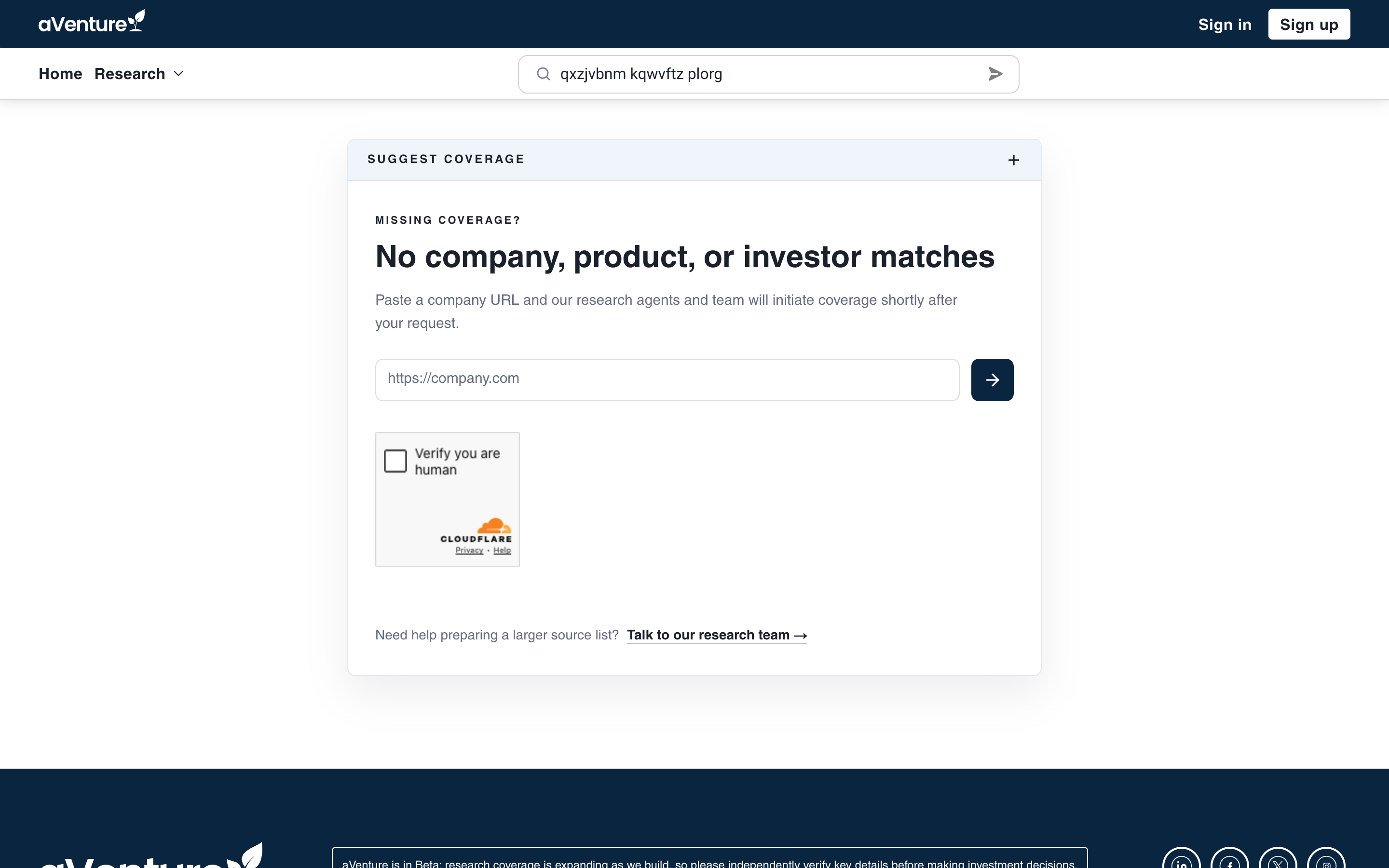 aVenture search results for a query with no matches, showing the expanded Suggest Coverage panel with a company URL field under the heading No company, product, or investor matches
