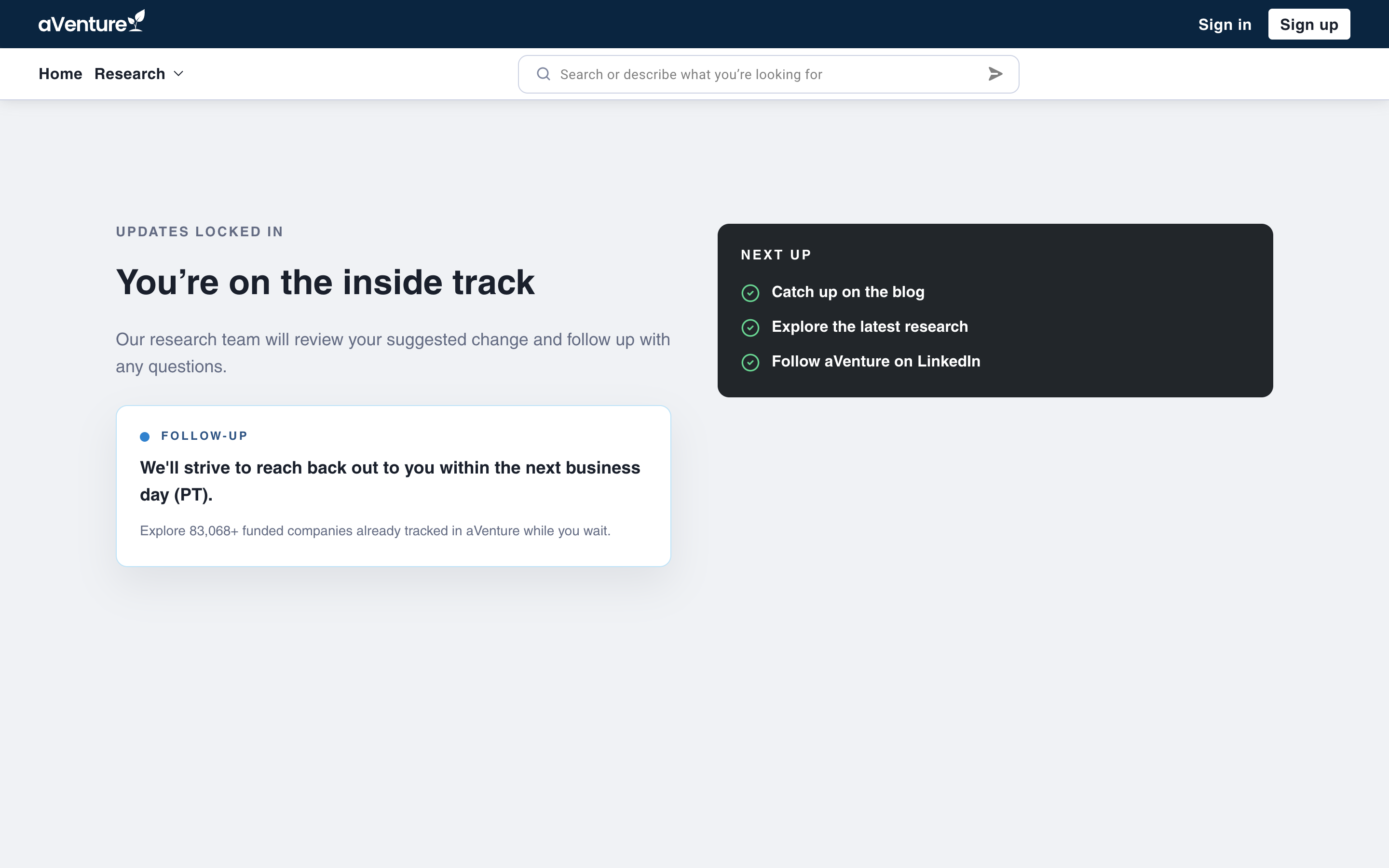 The aVenture confirmation page after a data update request, confirming the research team will review the change and follow up within one business day