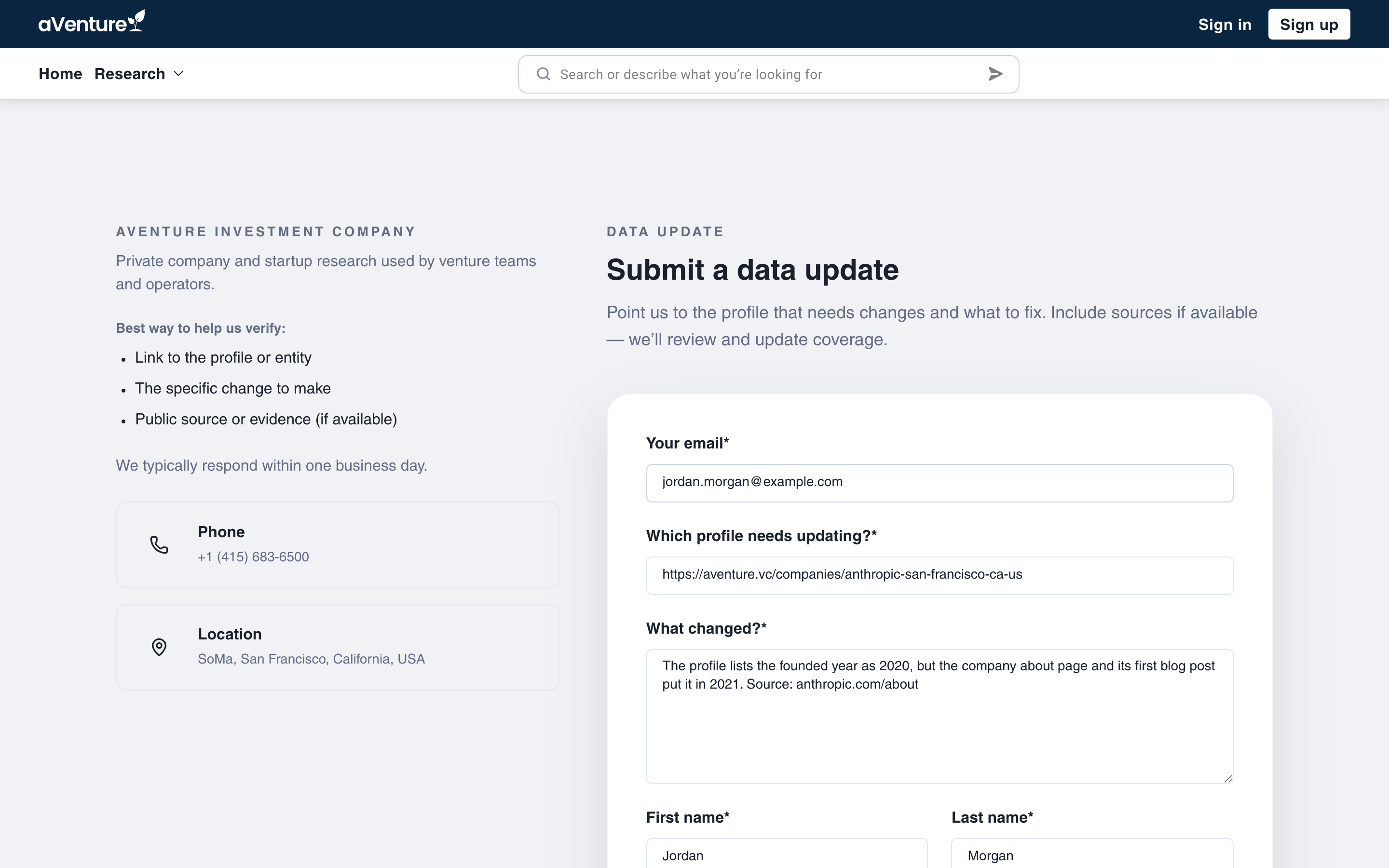 The request data updates form filled out with an example correction naming the profile, the change, and a public source