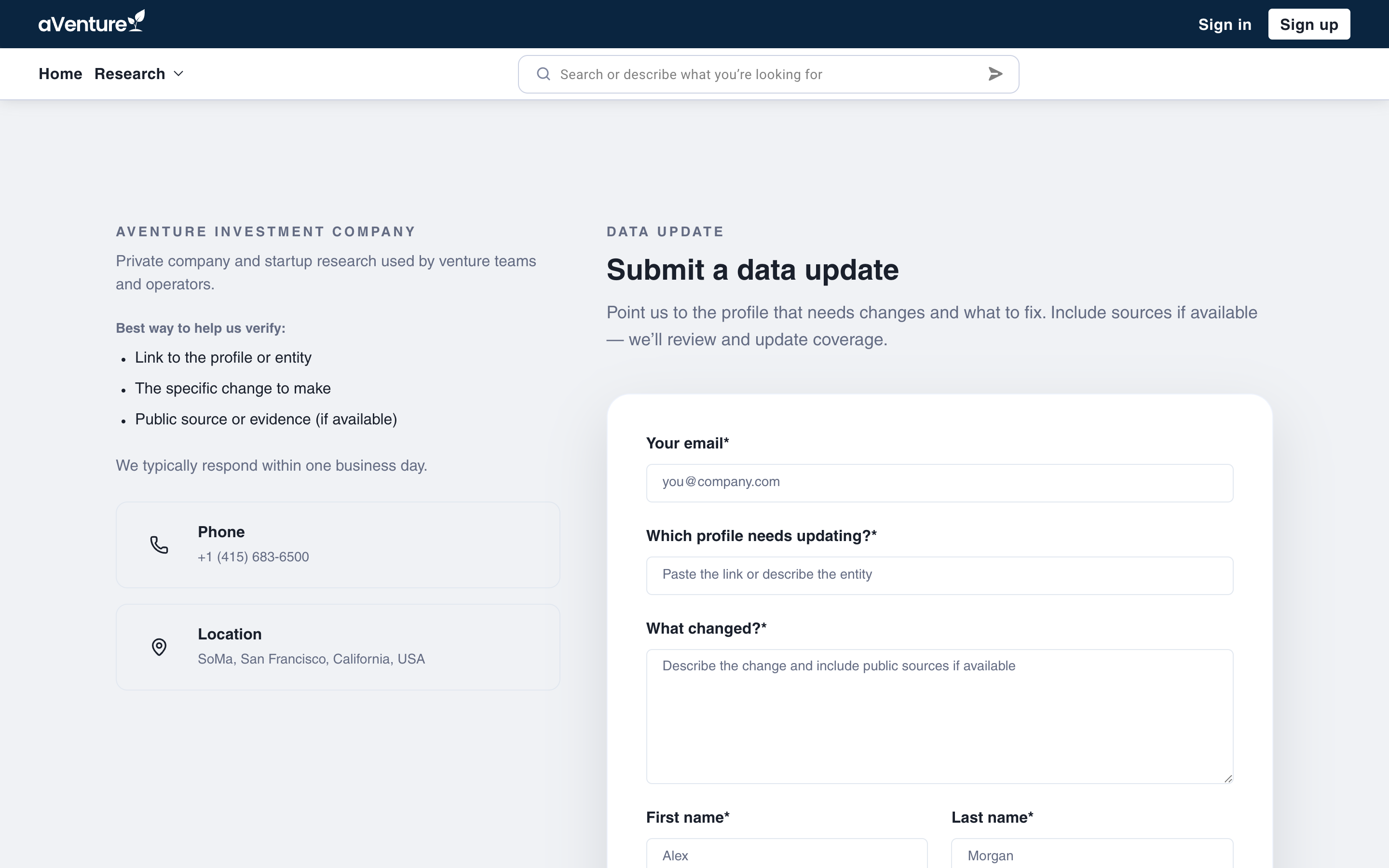 The request data updates form on aVenture, with fields for the profile link, the change, and contact details