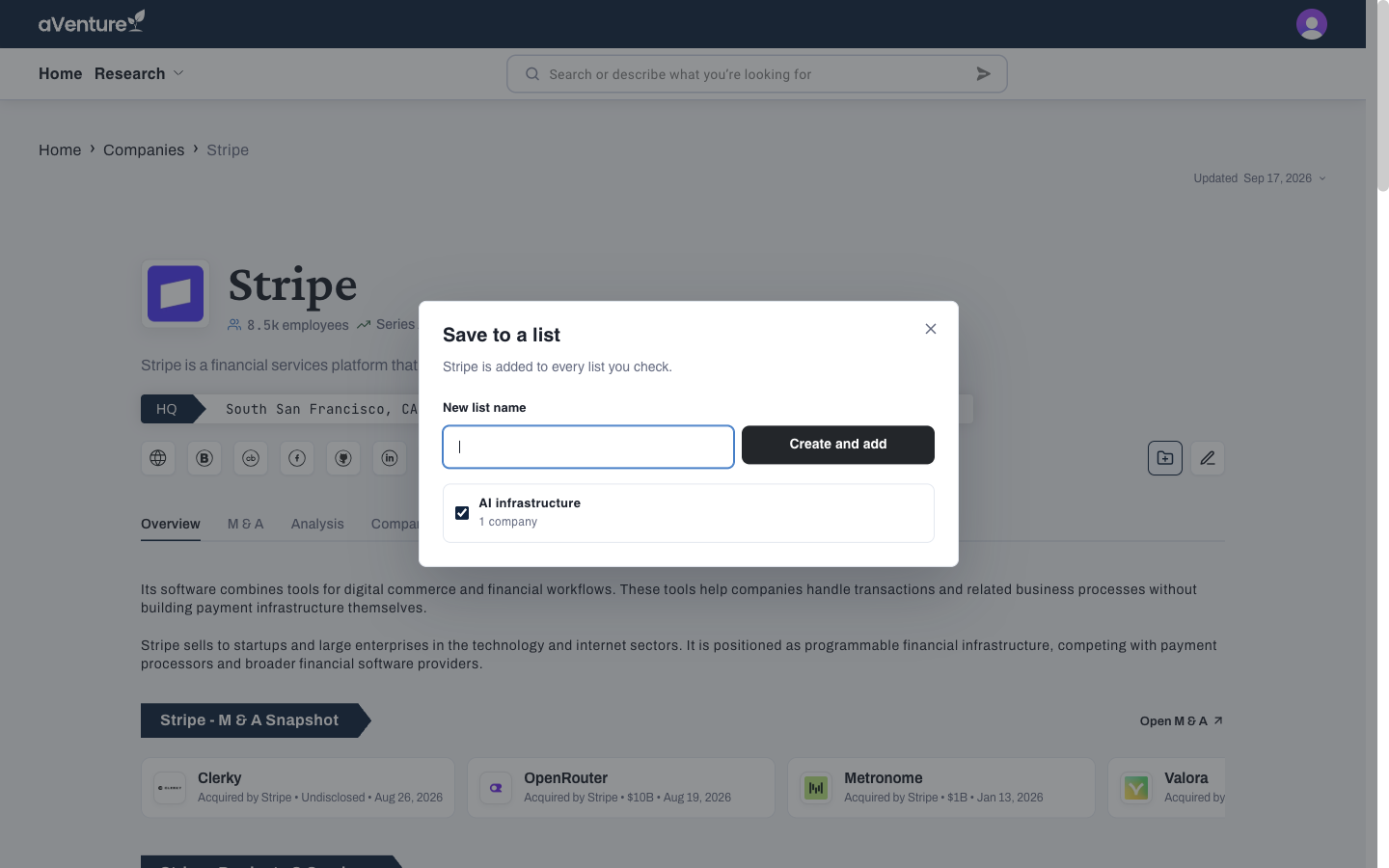The "Save to a list" dialog on Stripe's company profile, with a list checked and the new list field above it