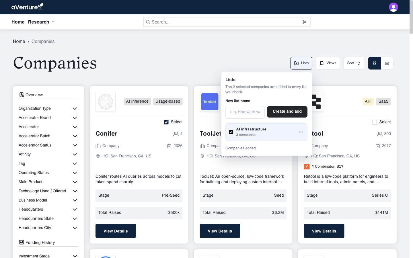The Lists panel open on the companies directory, with two company cards selected and a list checked for them
