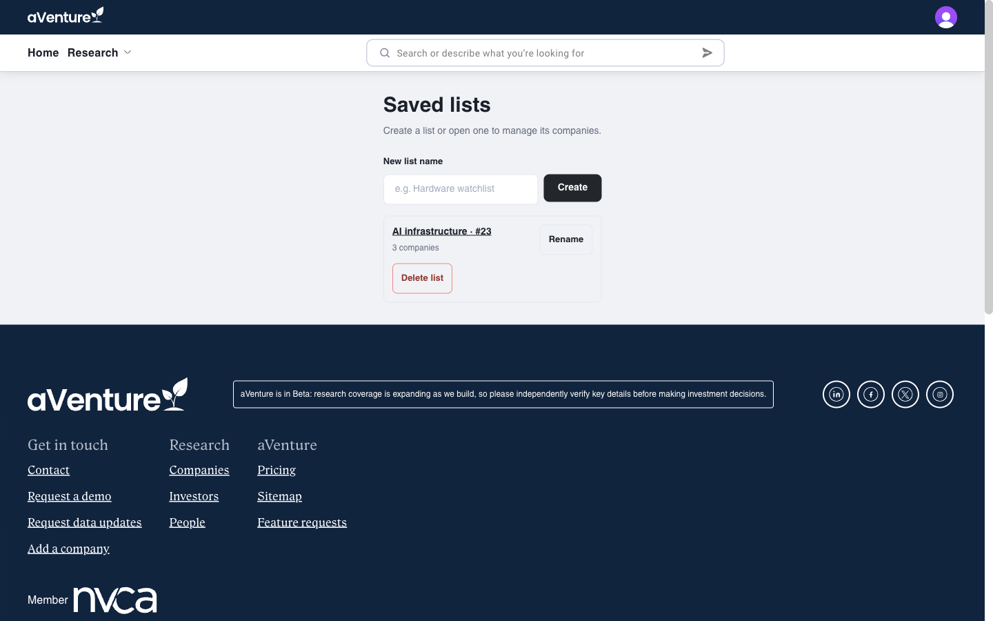 The saved lists index page showing lists with company counts, rename, and delete controls