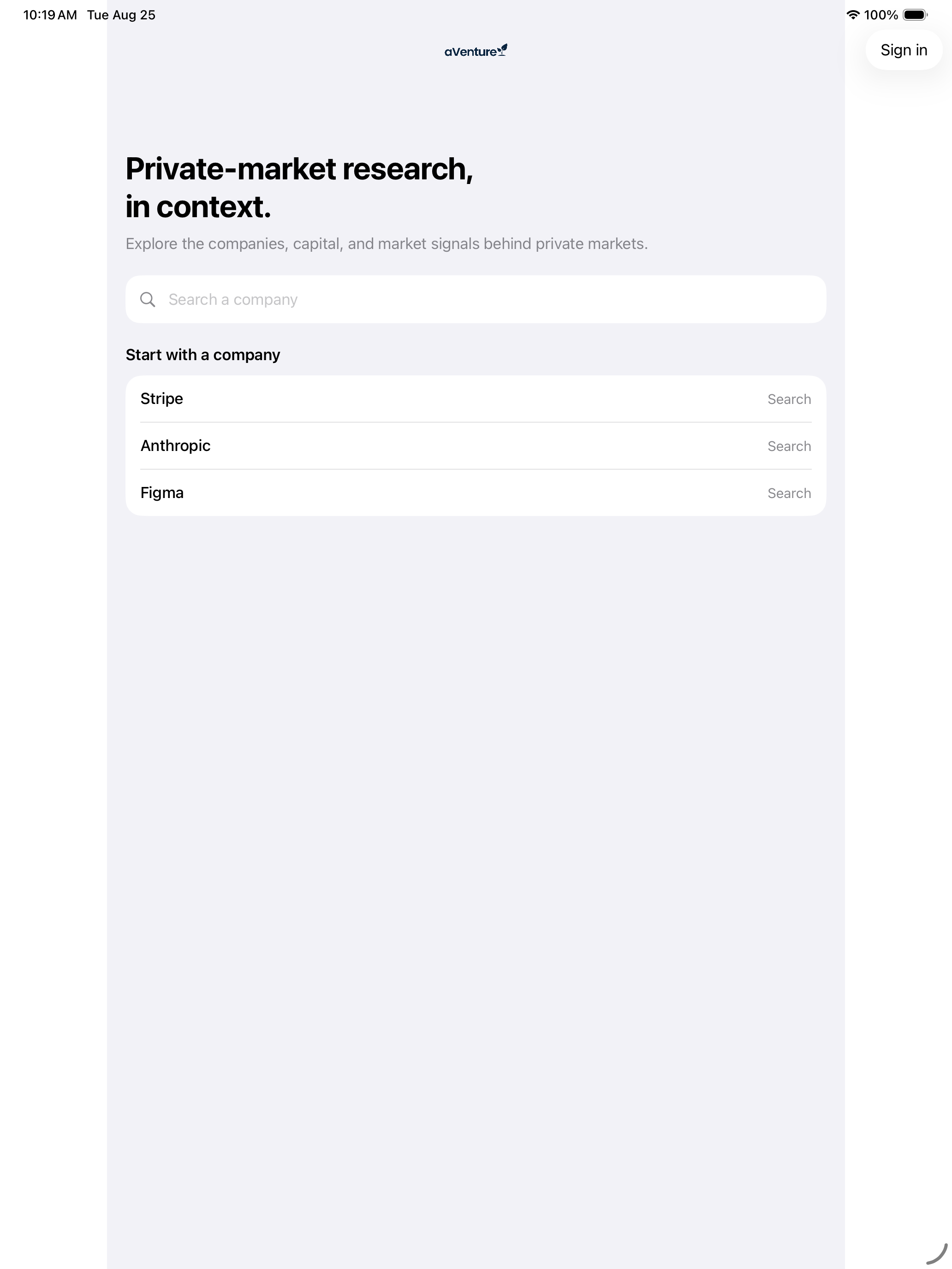 The aVenture Research home screen on an iPad, with a Search a company field and a Start with a company list showing Stripe, Anthropic, and Figma